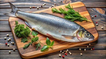 Freshly caught herring fish lies on a wooden cutting board, expertly filleted and arranged to showcase its delicate silver scales and tender white flesh.