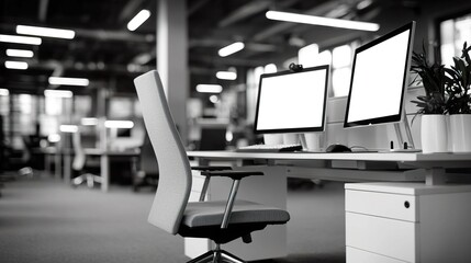 White office corner with columns and computer desks, featuring a minimal design..