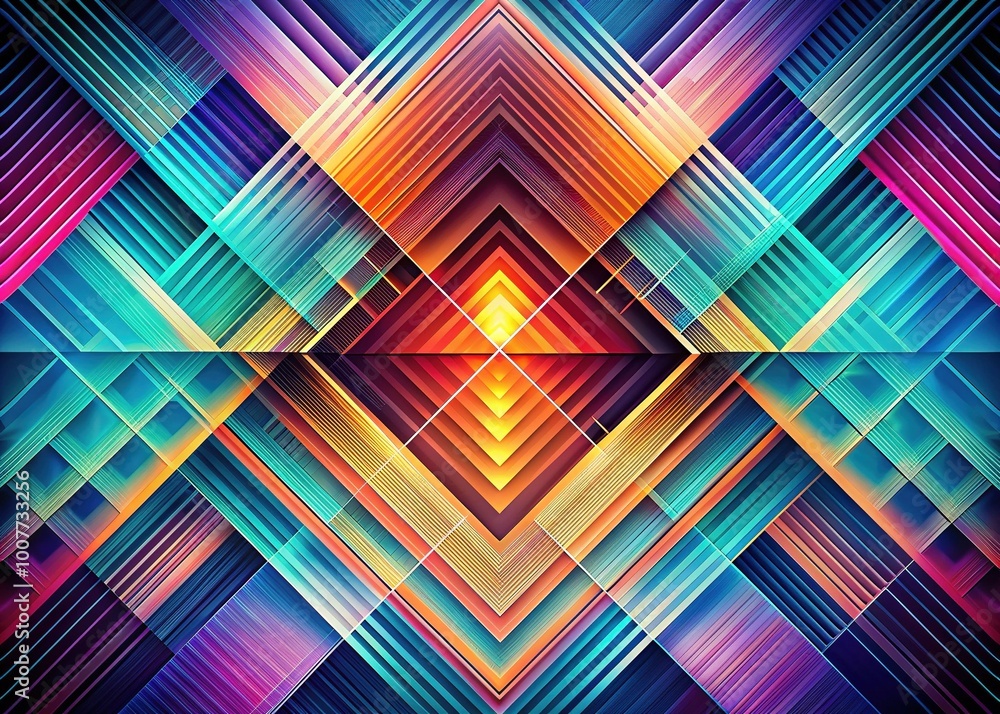 Fototapete Geometric triangular shapes in gradient colors intersect with diagonal lines, creating a mesmerizing abstract pattern of symmetry and balance in a modern digital background.
