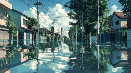 Fototapeta premium nice anime background for theme, flood in the town