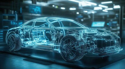 A wireframe model of a car in a workshop, showing the interior and engine.