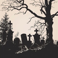 Fototapeta premium Old cemetery silhouette abandoned graveyard tombs, Halloween elements, Happy Halloween&nbsp; 