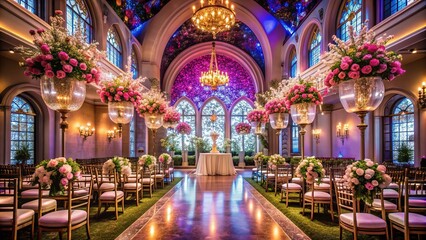 Obraz premium Glitzy chapel ceremony unfolds under bright lights, surrounded by glamorous decor, lavish flowers, and iconic neon signs, capturing the essence of a luxurious Vegas wedding.