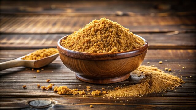 Golden-brown jaggery powder neatly scooped into a small ceramic bowl, with a sprinkle of powder on the wooden table, evoking rustic, earthy, and natural vibes.