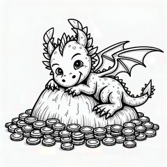 Cute Baby Dragon on Treasure Coloring Page