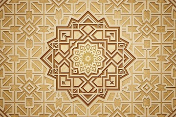 Intricate Islamic pattern of interlocking geometric shapes and Arabic calligraphy on a warm beige texture, creating a rich and culturally inspired background design.