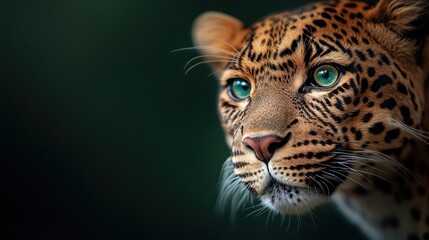 Close-up of a majestic leopard with striking blue eyes against a dark background.