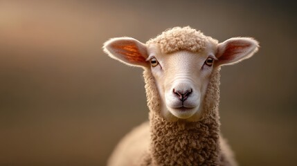 Fototapeta premium Close-up portrait of a sheep against a blurred natural background.