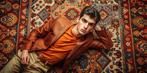 Young man in rust colored outfit poses stylishly against a vibrant patterned rug backdrop, fashion shoot