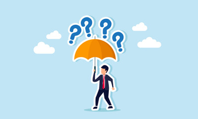 A businessman holding an umbrella protects himself from a rain of question marks, illustrating selfishness in business or indifference to questions directed at his company