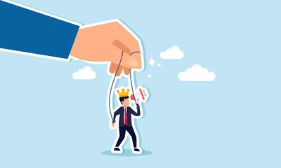 A businessman wearing a crown holds a megaphone controlled by a string connected to his hand, illustrating the game of business in promotional strategy