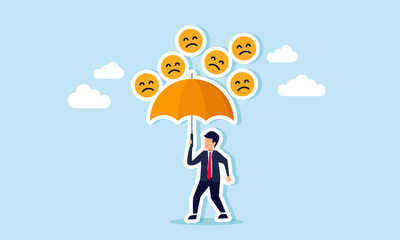 A businessman holding an umbrella protects himself from a rain of sad emoticons, illustrating indifference to negative responses or hatred from business competitors