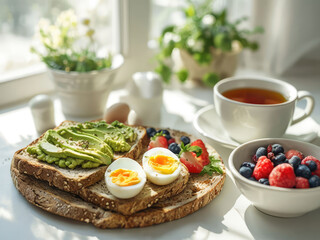 a cozy and inviting image of a healthy breakfast spread featuring whole grain toast with avo