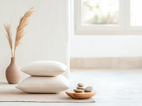 A peaceful meditation space with cushions, soft lighting, and natural elements, representing the importance of creating a mindful environment for inner peace