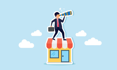 A businessman looks through a telescope from atop a store, illustrating an entrepreneur's vision in promoting his business or marketplace