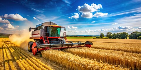Fototapeta premium Rural landscape with a large modern combine harvester machine harvesting golden wheat fields under a clear blue sky in the UK countryside during summer.