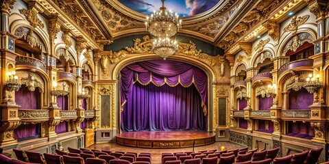 Obraz premium Richly ornate, velvet-draped historic theater with majestic purple curtains and grandiose golden details, evoking elegance and sophistication in a lavish performance setting.