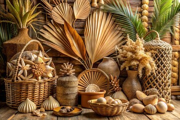 A beautifully arranged still life of dried palm fronds, ornate shells, and woven rattan baskets, evoking a serene