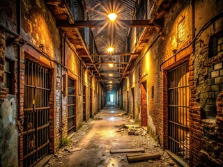 Rusty iron bars and crumbling brick walls confine a desolate corridor, dimly lit by flickering fluorescent lights, evoking a sense of confinement and despair.