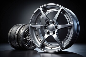 Obraz premium Shiny silver alloy wheel with high-performance disc brake rotor and five-lug bolts on a sleek, black sports car, shot in a studio setting.