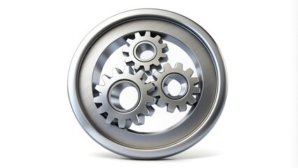 Sleek, silver machinery icon with interlocking gears, forming a circular logo with modern, industrial, and technological connotations, on a clean white background.