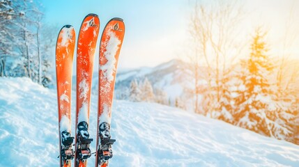Skiing equipment placed in the snow, including ski boots, skis, and poles, set against a backdrop of snow-covered mountains on a bright winter day. This vibrant scene captures the excitement