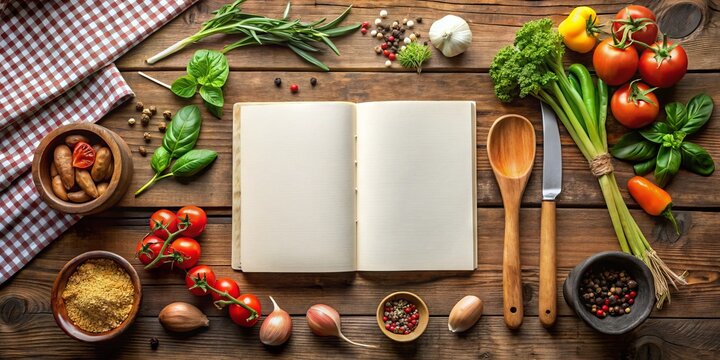 A blank, modern cookbook template lies open on a rustic wooden table, surrounded by fresh ingredients and cooking