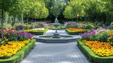 Obraz premium A symmetrical formal garden with trimmed hedges, colorful flower beds, and a central fountain, surrounded by neatly paved walkways.
