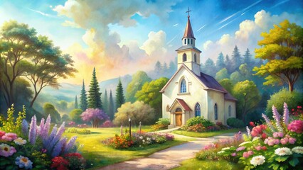 Fototapeta premium Soft, dreamy watercolor depiction of a serene Catholic church with delicate steeple, surrounded by lush greenery and vibrant flowers on a sunny day.