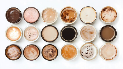 Diverse coffee cups arranged artistically, showcasing textures and patterns.