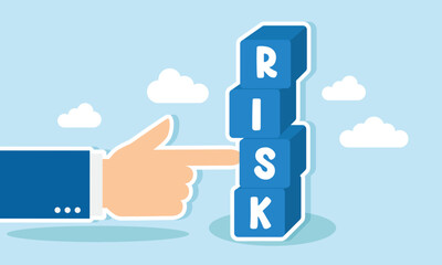 A hand pushes a stack of boxes labeled RISK, illustrating staying in the comfort zone where low risk