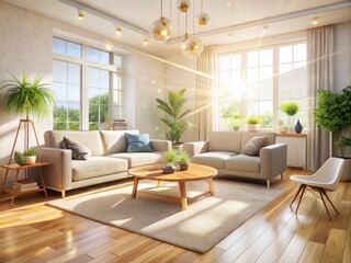 A bright and airy living room with a few stray dust specks suspended in a sunbeam, amidst a