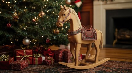 A traditional wooden rocking horse standing near a Christmas tree, with wrapped gifts and holiday decorations creating a festive and nostalgic holiday scene.