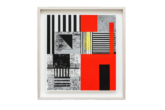 Vibrant abstract artwork featuring bold geometric shapes and striking color contrasts in a modern frame.