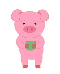 Obraz na płótnie Canvas Cute pig sticker. Adorable pink animal with cup of hot drink. Mammal and cattle, livestock. Cute character for kids. Booklet and leaflet. Flat vector illustration