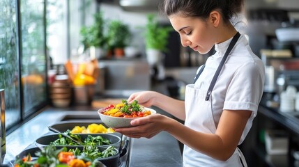 A woman chef in a white apron preparing a colorful salad in a bowl.