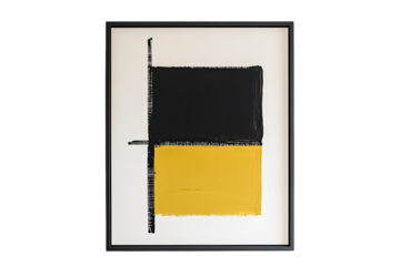 A modern abstract painting featuring bold black and yellow colors, perfect for contemporary art enthusiasts and interior design.
