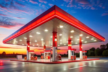 A brightly lit convenience store and fuel pumps at a bustling highway rest stop, with a vibrant red