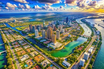 Vibrant aerial view of Miami's urban landscape, featuring a large city map overlay, highlighting iconic streets, waterways, and neighborhoods in bold colors and crisp detail.