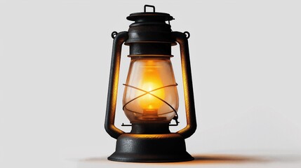 A lone, vintage kerosene lantern in png format, warmly glowing against a pure white background