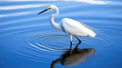 Obraz premium A white egret gracefully standing in shallow water, its long neck curved elegantly as it searches for fish, with reflections of the bird and the sky in the calm surface.