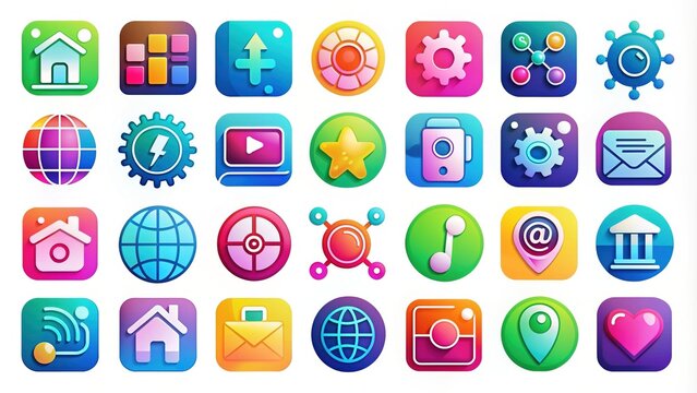 Vibrant colorful vector icon set featuring various modern symbols, including technology, social media, and business elements, ideal for digital designs and visual representations.