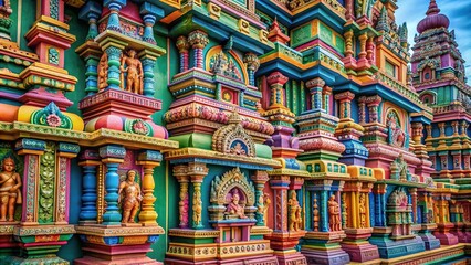 Naklejka premium Vibrant colors and patterns adorn intricately carved temple walls, showcasing ancient traditions and rich spiritual heritage in a serene and mystical Indian cultural landscape.
