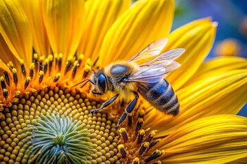 A close-up of a busy bee collecting nectar from a vibrant yellow sunflower, its fuzzy body and delicate