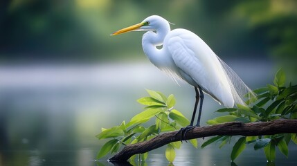 A white egret perched on a branch over a pond, its pristine feathers glowing in the soft morning light, with lush green foliage reflected in the water below.