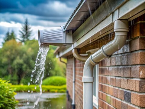 A close-up of a downspout extension connected to a gutter, directing water flow away from a residential building's