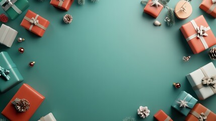 Colorful holiday gifts on a teal background, perfect for seasonal celebrations.