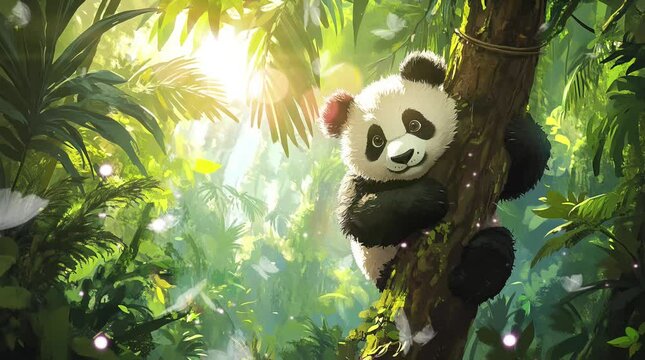 a panda climbing a tree in a tropical forest. Virtual 4K video animation background with looping time lapse with very smooth graphics.