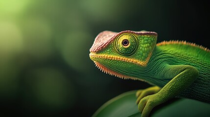 Fototapeta premium Colorful chameleon perched on a leaf, vibrant green and detailed texture.