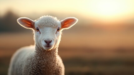 Obraz premium Cute sheep grazing in a serene setting during golden hour.